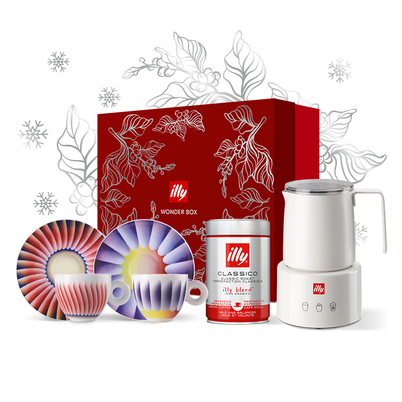 Illy Wonderbox 1 melkopschuimer met Aribica koffie en Judy Chicago kopjes