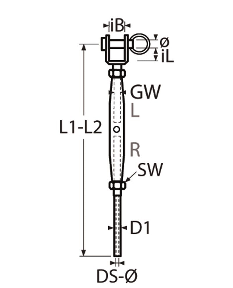 Marinetech Wantspanner M12 met Gaffel en Walsterminal Gelast BL: 5100kg