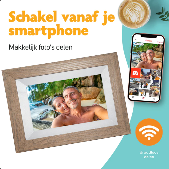 Pora & Co Digitale fotolijst 8 inch met Wifi en Frameo app lichtbruin hout