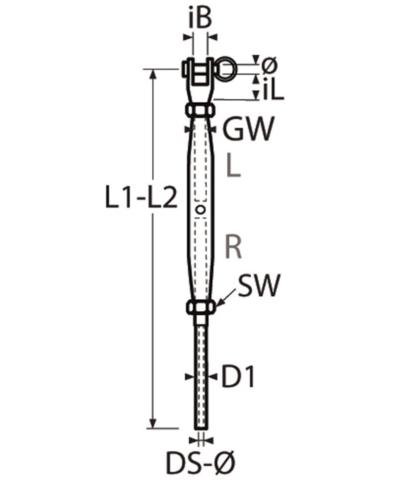 Marinetech Wantspanner M12 met Walsterminal en Gaffel, gedraaid, touw 6mm