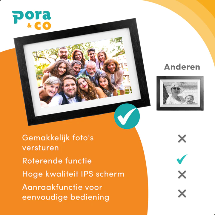 Pora & Co Digitale fotolijst 8 inch met WiFi en Frameo app zwart hout