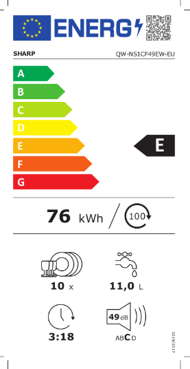 Sharp QWNS1CF49EWEU vrijstaande smalle 45 cm brede vaatwasser