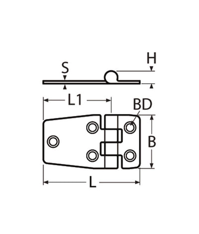 Marinetech Scharnier 68x38 mm afmetingen l x b x dikte: 68x38x2mm