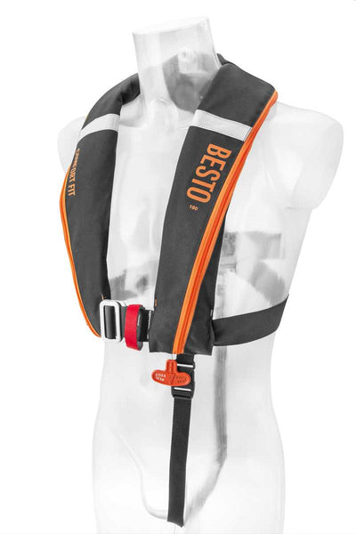 Besto Comfort fit 180N MH automatisch reddingsvest met harnas zwart/oranje