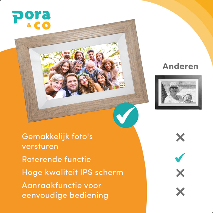 Pora & Co Digitale fotolijst 8 inch met Wifi en Frameo app lichtbruin hout