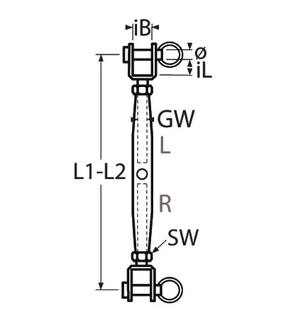 Marinetech Wantspanner M12 Gaffel-Gaffel Gelast BL: 5100kg