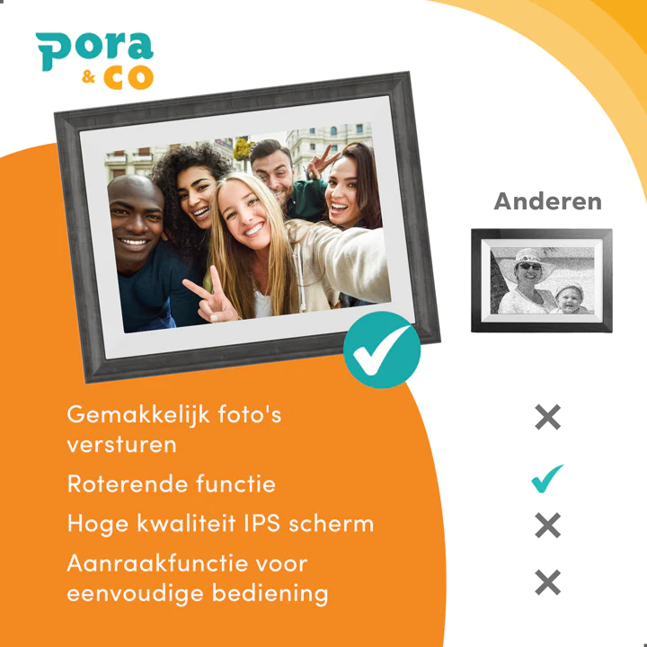 Pora & Co Digitale fotolijst 10 inch met WiFi en Frameo App wit met bruin