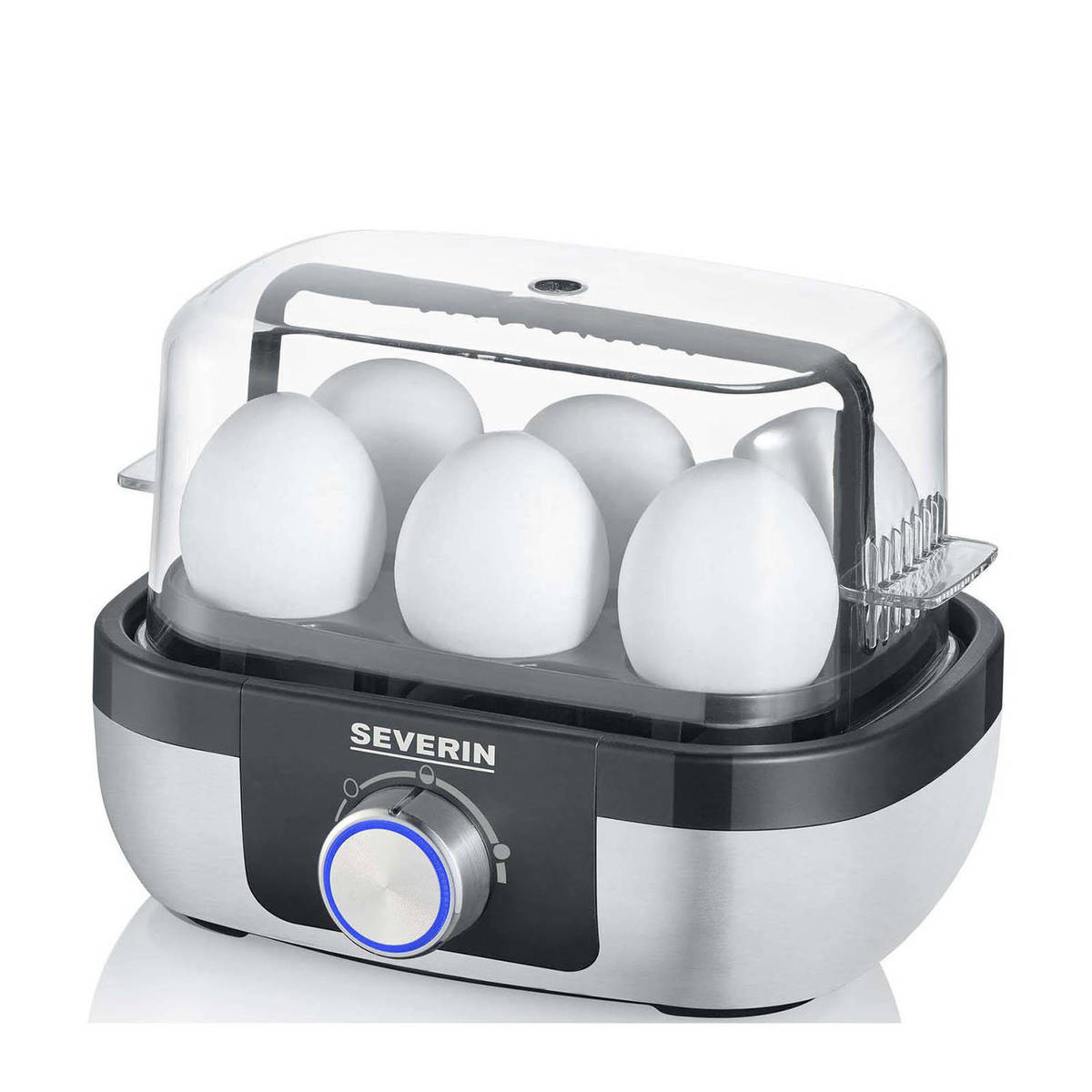 Severin Eierkoker met instelbare hardheid en maatbeker met eier – Correct